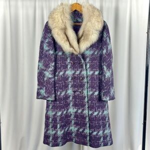 Vintage 60’s 70’s Long Wool Peacoat in Purple + Blue • White Fox Fur Collar - M